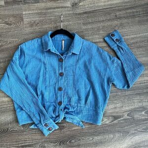 Free People Blue Button-Front Tie-Waist Shirt
